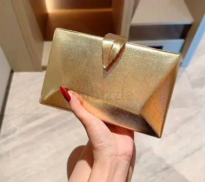 Gold Metallic Box Clutch Bag with Leaf Detail