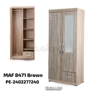 2-Door Wooden Wardrobe with Mirror and Drawer - Light Oak, 80x45x185 cm