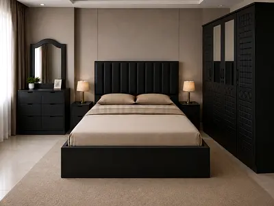 Black Bedroom Set - Bed, Wardrobe, Dresser & Nightstands (Complete Set)