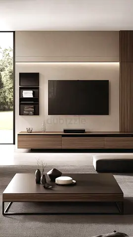 Modern walnut TV unit with low coffee table and wall shelves