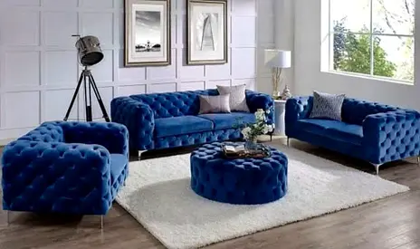 Blue Velvet Chesterfield 3-Piece Sofa Set with Ottoman - Excellent Condition