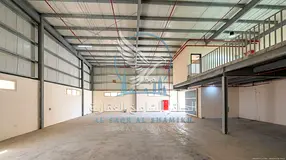 Warehouse for Rent in Al Sajaa 4,500 Sq. Ft. 1,000 Sq. Ft. Mezzanine Wide Truck Entrance Office & Ba