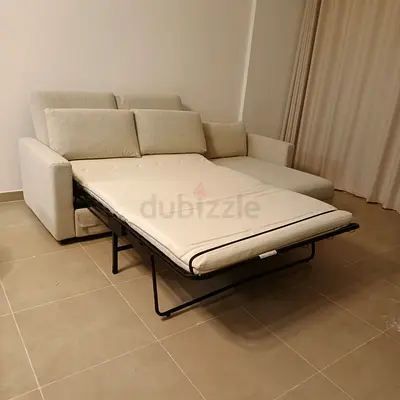 Modern beige L-Shaped Sofa Bed with Pull-Out Mattress
