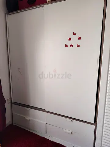 White Sliding Door Wardrobe with 4 Drawers — Good Condition