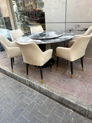 Marble Top Round Dining Table with 4 Beige Upholstered Chairs