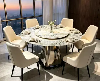 Modern Round Marble Dining Table with 6 Upholstered Chairs