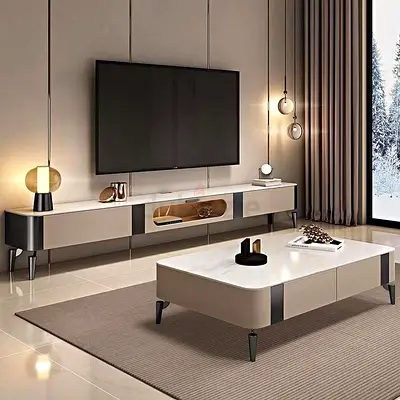 Modern TV Console and Coffee Table Set - Beige/White Finish
