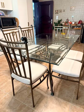 Glass Top Dining Table with 6 Metal Frame Cushioned Chairs - Good Condition