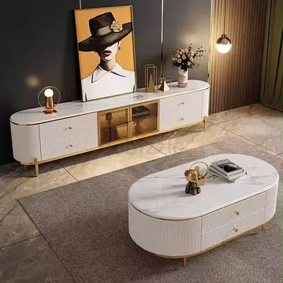 Modern White Marble Top TV Console and Coffee Table Set