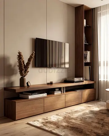 Modern Walnut TV Entertainment Unit with Open Shelves