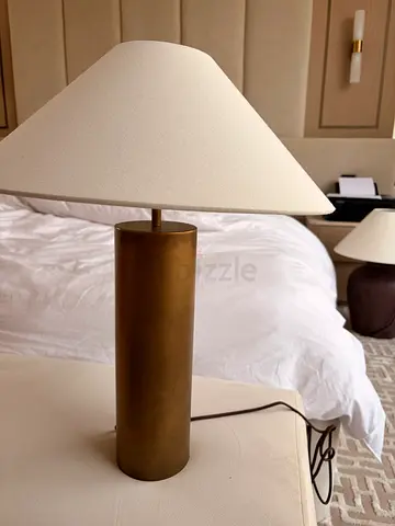 Pair of modern brass bedside table lamps with fabric shades