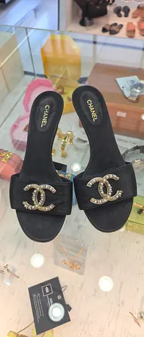 Preowned Chanel Black Slides with Crystal CC Logo - Size ?