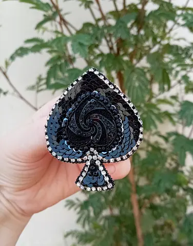 Handmade Black sequined spade brooch with rhinestone trim — statement accessory