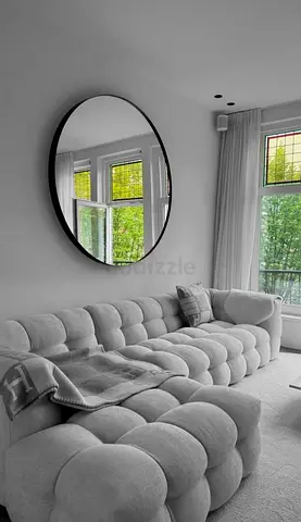 Modern Grey Bubble Sofa and Large Round Black Framed Mirror