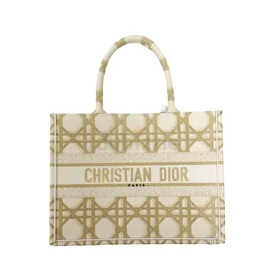 Christian Dior Book Tote Medium Cream/ Gold Embroidered Cannage Canvas Tote