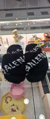 Fuzzy Black Logo Slippers - Cozy Indoor Slides, Size Unspecified