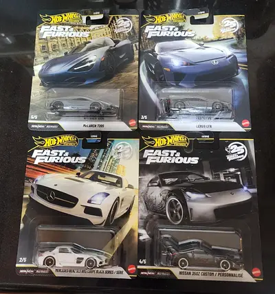 Set of 4 Hot Wheels Fast & Furious Collectible Cars (New in Card) - McLaren, Lexus, Mercedes, Nissan
