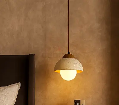 Travertine Dome Glass Pendant Light With Wood
