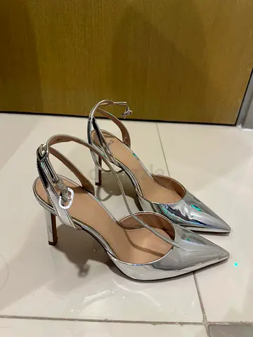 Silver pointed toe stiletto heels with ankle strap - barely used, Mango
