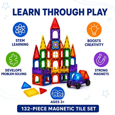132-piece Magnetic Building Tiles Set - STEM Magnetic Blocks for Kids (Ages 3+)