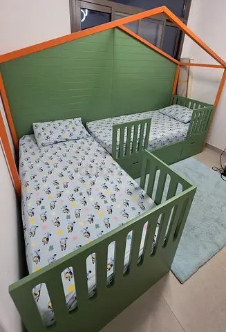 Matching Green Twin Beds with House-Frame Headboard .90×190cm with mattress bought in 5000aed