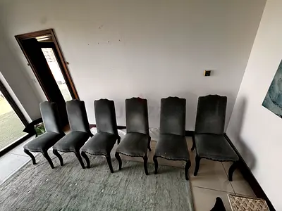 Set of 6 Grey Velvet Dining Chairs with Wooden Legs from marina homes