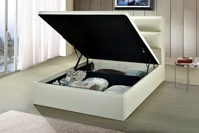 Split headboard beige leather fabric double size hydraulic bed