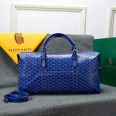 Blue Goyard -style travel duffle bag