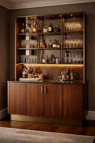 Solid Wood Home Bar Cabinet with Glass Shelves and LED Lighting