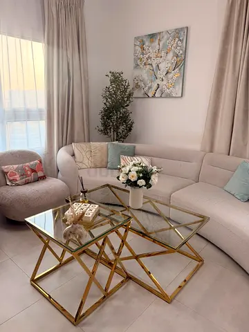 Set of 3 Gold Geometric Glass Coffee Tables