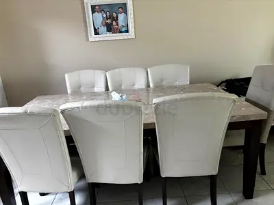 Dining table with 6 upholstered chairs - light beige, solid wood legs
