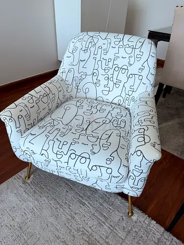 White Accent Armchair with Abstract Line Art Upholstery