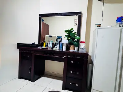 Solid Wood Dressing Table with Large Mirror and Stool - Dark Brown