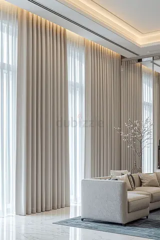 Full-Length Beige Drapes with Sheer Lining - Set of Curtains