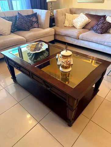 Solid Wood Glass-Top Coffee Table with Storage - Dark Finish (TOTAL 3 TABLES)
