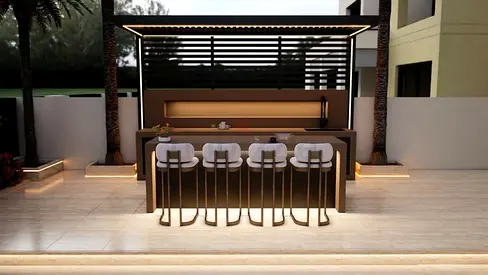 Modern Outdoor Bar Counter with Stool Set - LED-lit Pergola Style