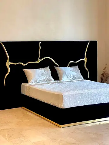 Modern Black Velvet King Bed with Gold Accent Headboard