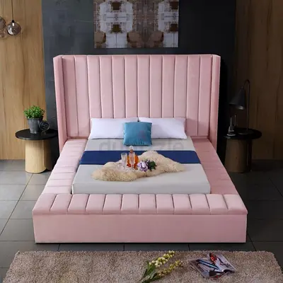 Modern Pink Velvet Upholstered Bed with Tall Wingback Headboard