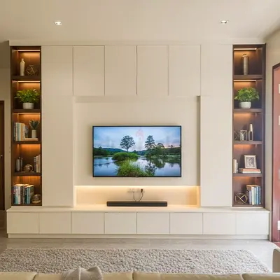 Built-in Entertainment Center with Shelving and TV Niche - White Finish