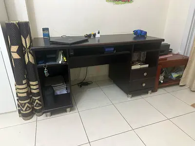 Large Wooden Computer Desk with Drawers and Shelves
