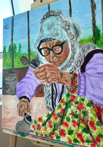 Original Oil Painting of Elderly Woman Pouring Tea - Signed Canvas