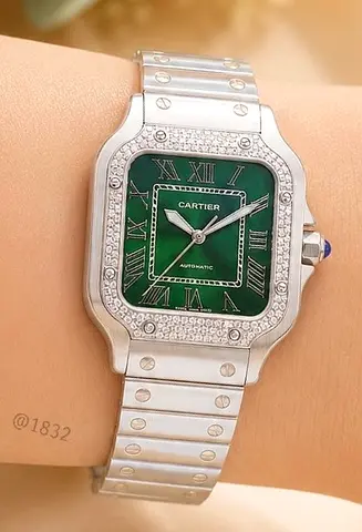 Cartier Santos Automatic Stainless Steel Master Quality Watch with Green Dial and Stones Bezel