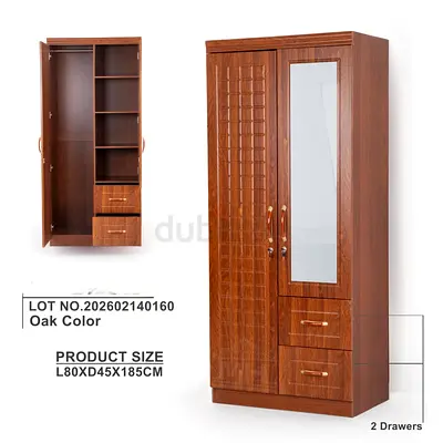 Oak 2-Door Wardrobe with Mirror and Drawers - 80x45x185cm