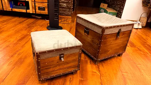 Set of two wooden storage ottomans / trunks - rustic style