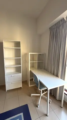 IKEA white desk, shelving units and chair — good condition set