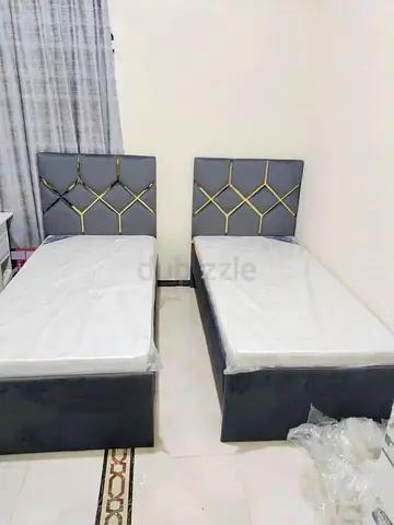 Pair of Single Upholstered Beds with Headboards - Grey