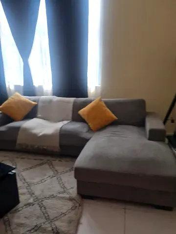 Grey L-shaped Fabric Sofa with Chaise - Good Condition