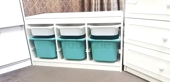 White Storage Shelving Unit with 6 Removable Plastic Bins