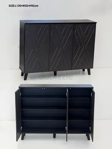 Black 3-Door Shoe Cabinet / Storage Cupboard L120 x W32 x H92 cm
