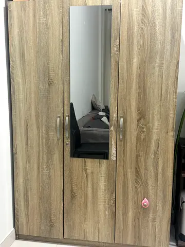 3-door Wooden Wardrobe with Mirror - Good Condition